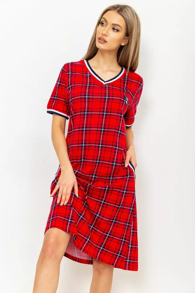 Купити Сукня жіноча в клітку домашня, колір червоний, 219RT-410 - Фото №1
