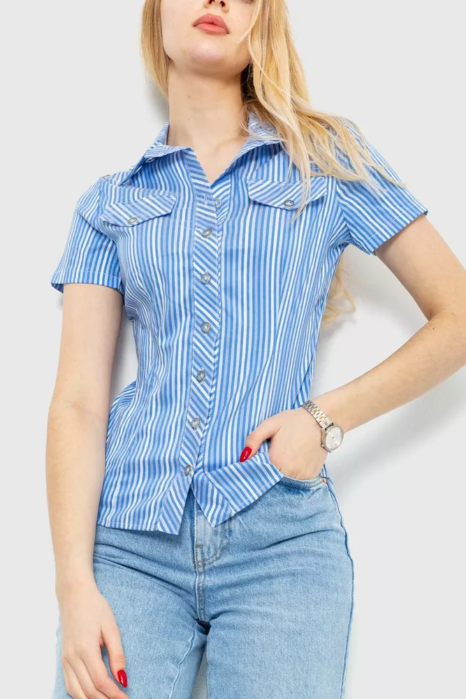 Купити Сорочка жіноча в смужку, колір біло-блакитний, 230R060 оптом - Фото №1