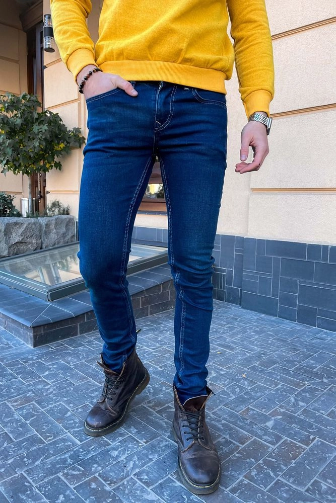 Купить Темно-синие мужские джинсы, прямого кроя, кэжуал, 171R003 - Фото №1