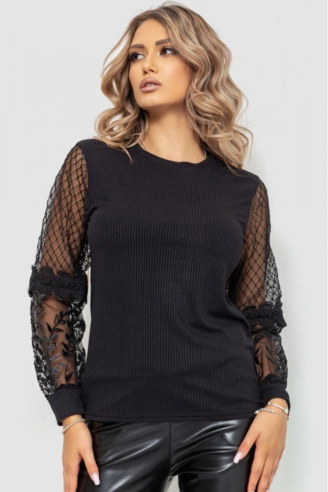 Купити Блуза жіноча в рубчик ошатна, колір чорний, 204R02 - Фото №1
