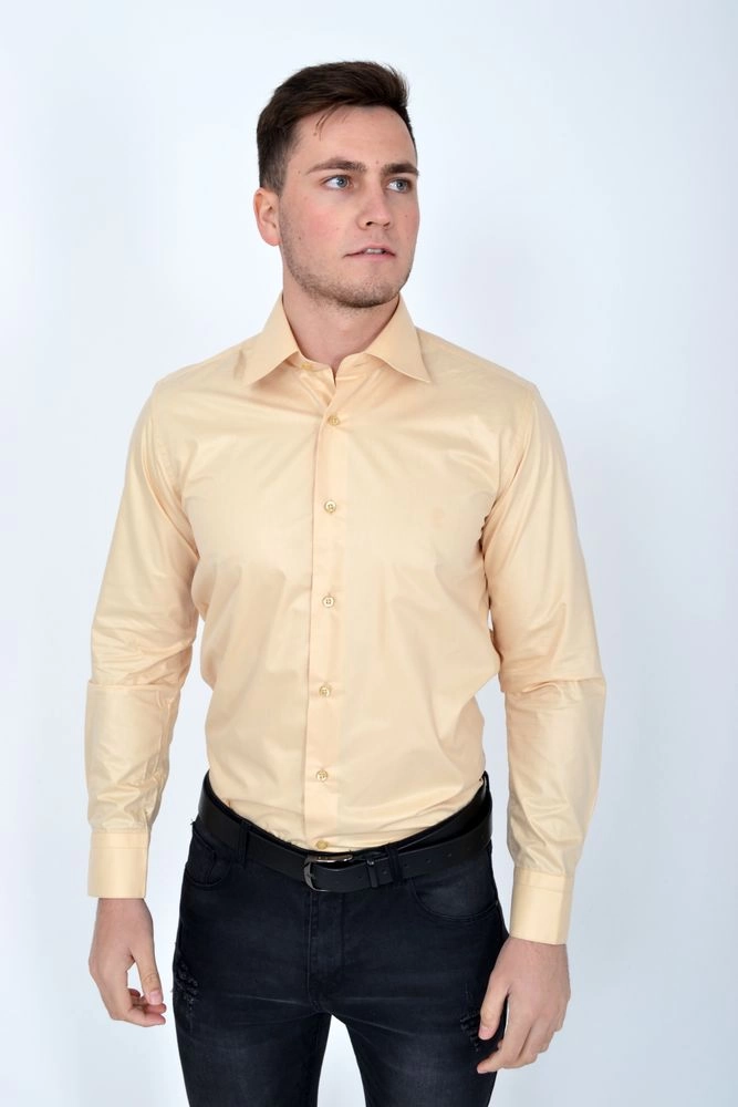 Купить Мужская рубашка с длинными рукавами, нарядная, цвет бежевый, 113RPass003 - Фото №1