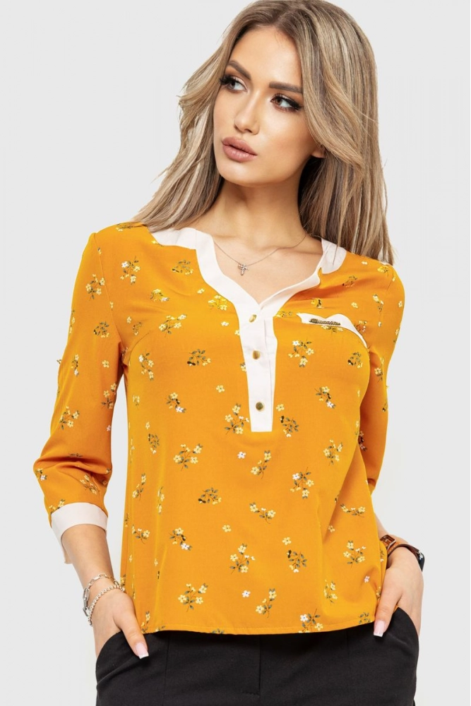 Купити Блуза з квітковим принтом, колір гірчичний, 230R154-2 - Фото №1