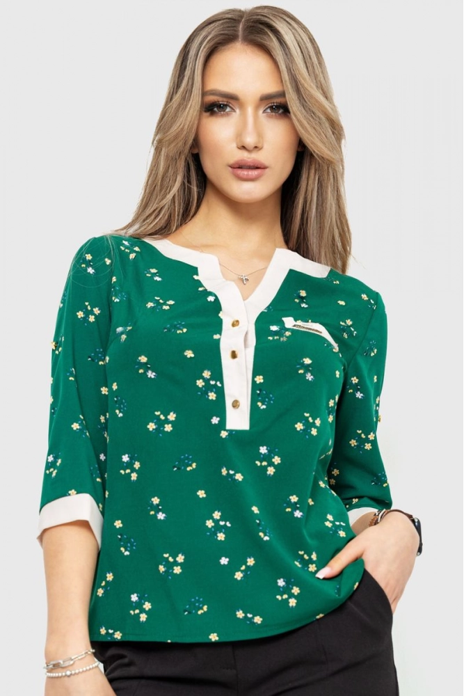 Купити Блуза з квітковим принтом, колір зелений, 230R154-2 оптом - Фото №1
