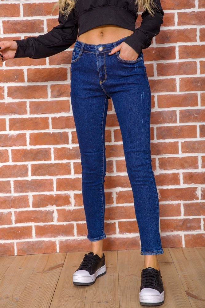 Купити Жіночі приталені джинси темно-синього кольору 182R1702-13 - Фото №1
