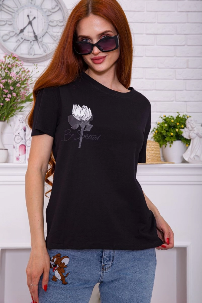 Купить Женская черная футболка с принтом 198R020 оптом - Фото №1