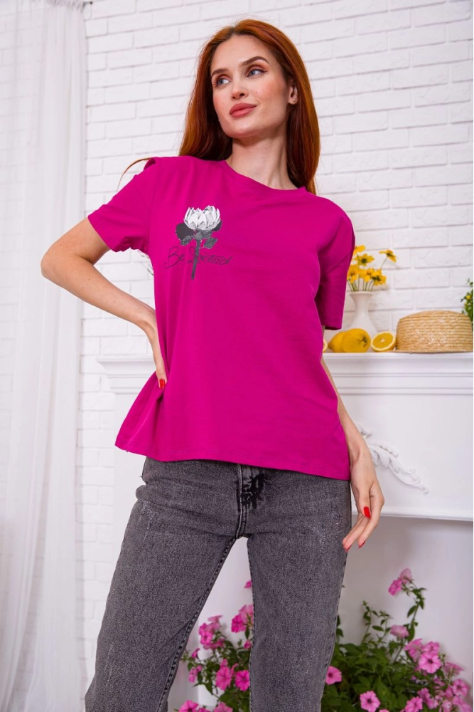 Купить Женская футболка цвета фуксии с принтом 198R020 оптом - Фото №1