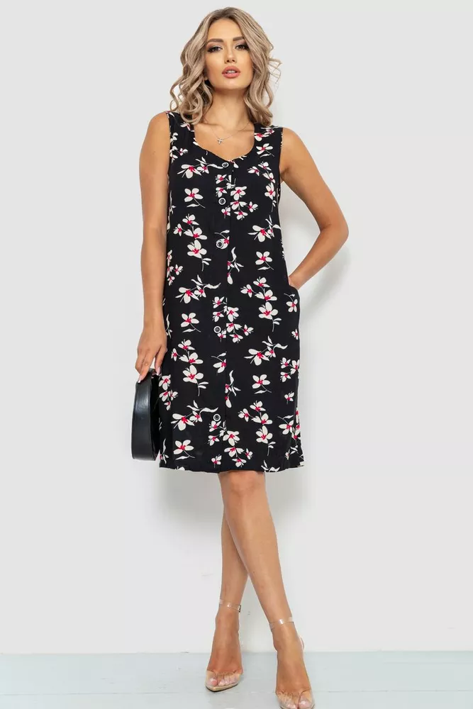 Купити Сукня-халат жіночий з квітковим принтом на ґудзиках, колір чорний, 102R349 - Фото №1