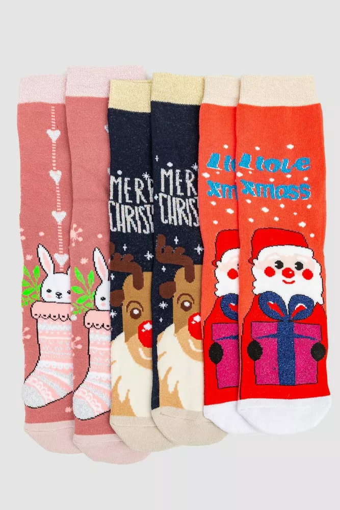Купити Комплект шкарпеток жіночих новорічних 3 пари, колір кораловий, темно-синій, пудровий, 151R271 оптом - Фото №1