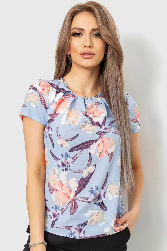 Купити Блуза з квітковим принтом, колір персиково-блакитний, 230R112-2 оптом - Фото №1