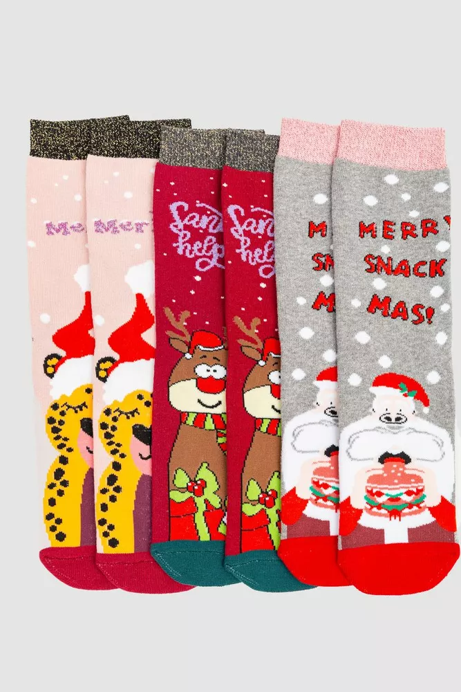 Купити Комплект шкарпеток жіночих новорічних 3 пари, колір світло-сірий, світло-рожевий, бордовий, 151R269 оптом - Фото №1