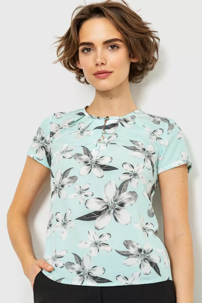 Купить Блуза с цвветочным принтом, цвет мятно-серый, 230R112-2 оптом - Фото №1