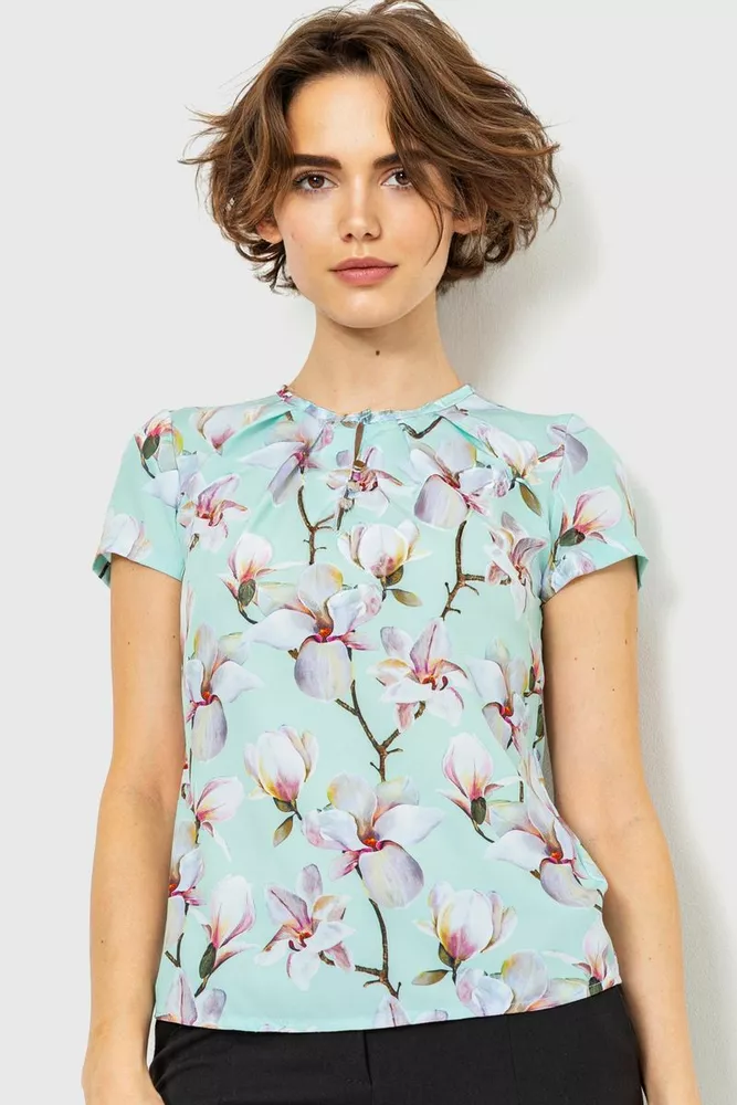 Купити Блуза з квітковим принтом, колір бірюзовий, 230R112-2 - Фото №1