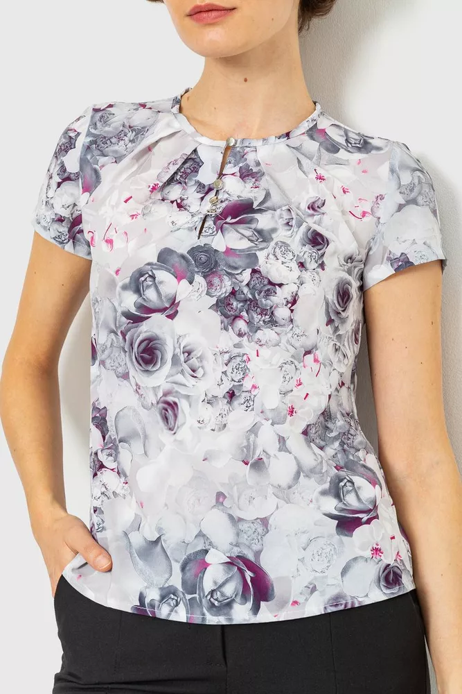 Купити Блуза з квітковим принтом, колір сіро-рожевий, 230R112-2 оптом - Фото №1