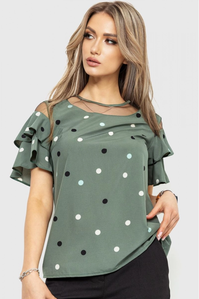 Купити Блуза в горох, колір темно-оливковий, 230R151-1 - Фото №1
