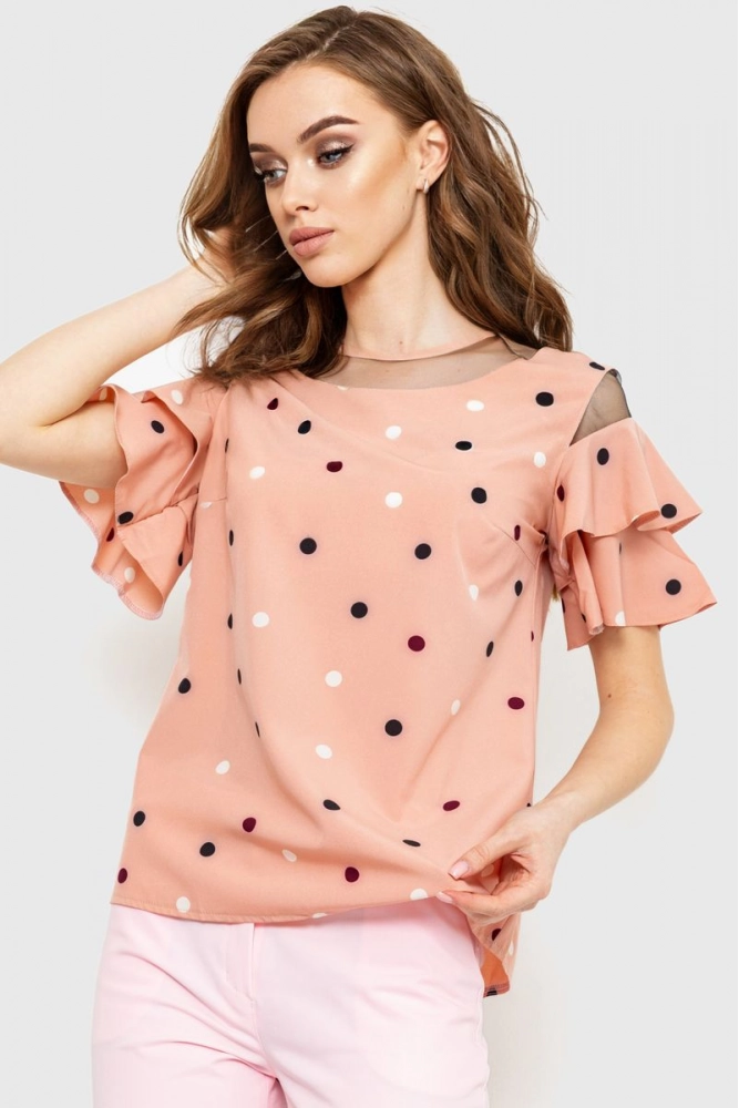 Купити Блуза в горох, колір персиковий, 230R151-1 - Фото №1