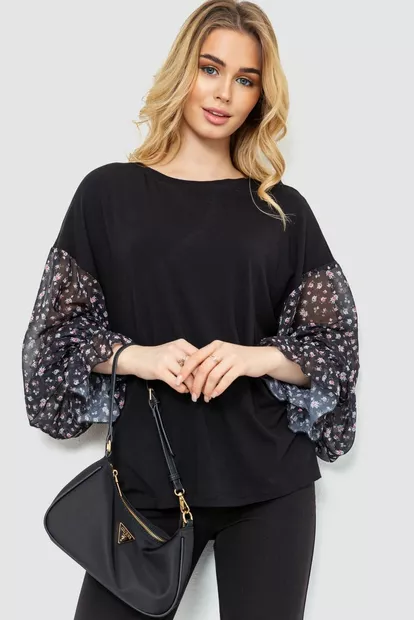 Блуза з шифоновими рукавами, колір чорний, 244R038