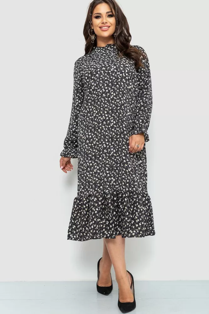 Купити Сукня шифонова з принтом, колір чорний, 204R201-1 - Фото №1