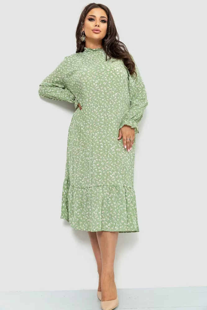 Купити Сукня шифонова з принтом, колір оливковий, 204R201-1 - Фото №1