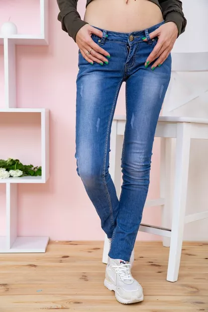 Женские джинсы с потертостями, на средней посадке, цвет Синий, 167R3305
