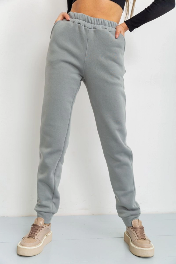Купить Спортивные штаны женские на флисе однотонные, цвет серо-оливковый, 119R218 - Фото №1