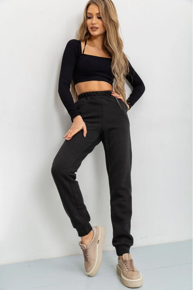 Купить Спортивные штаны женские на флисе однотонные, цвет черный, 119R218 - Фото №1