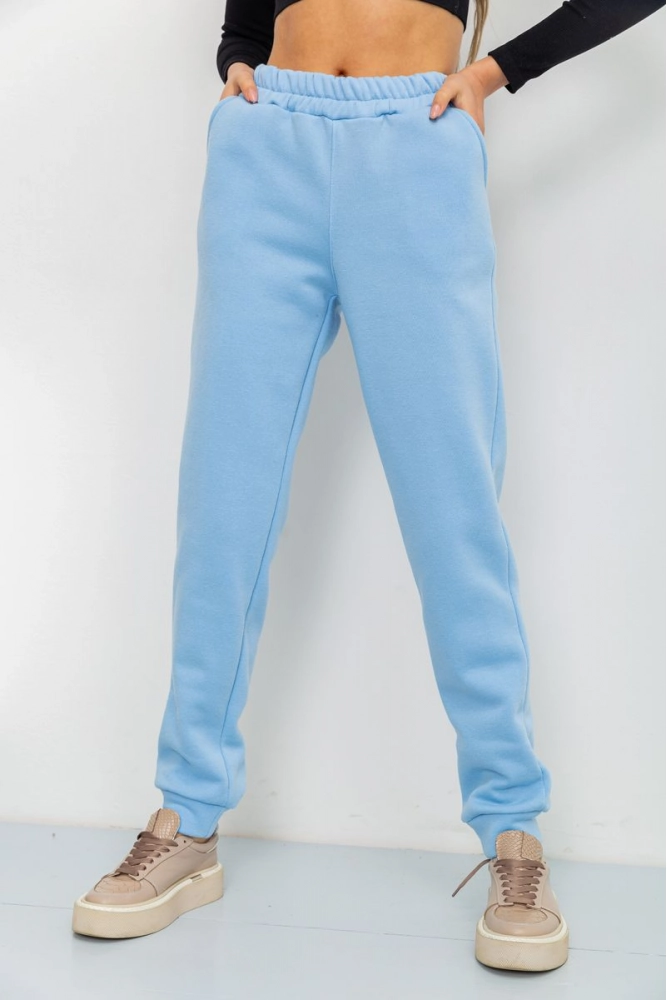 Купить Спортивные штаны женские на флисе однотонные, цвет голубой, 119R218 - Фото №1