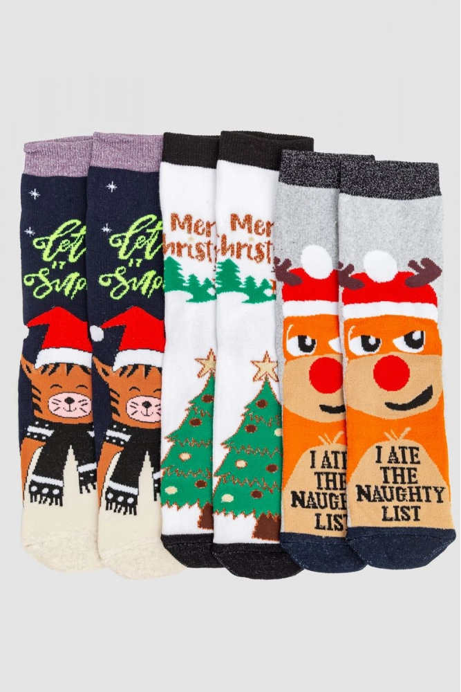 Купити Комплект жіночих шкарпеток новорічних 3 пари, колір темно-синій, білий, світло-сірий, 151R254 оптом - Фото №1