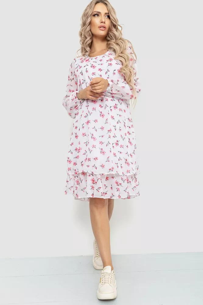 Купить Платье с цветочным принтом шифоновое, цвет бело-розовый, 230R018 - Фото №1