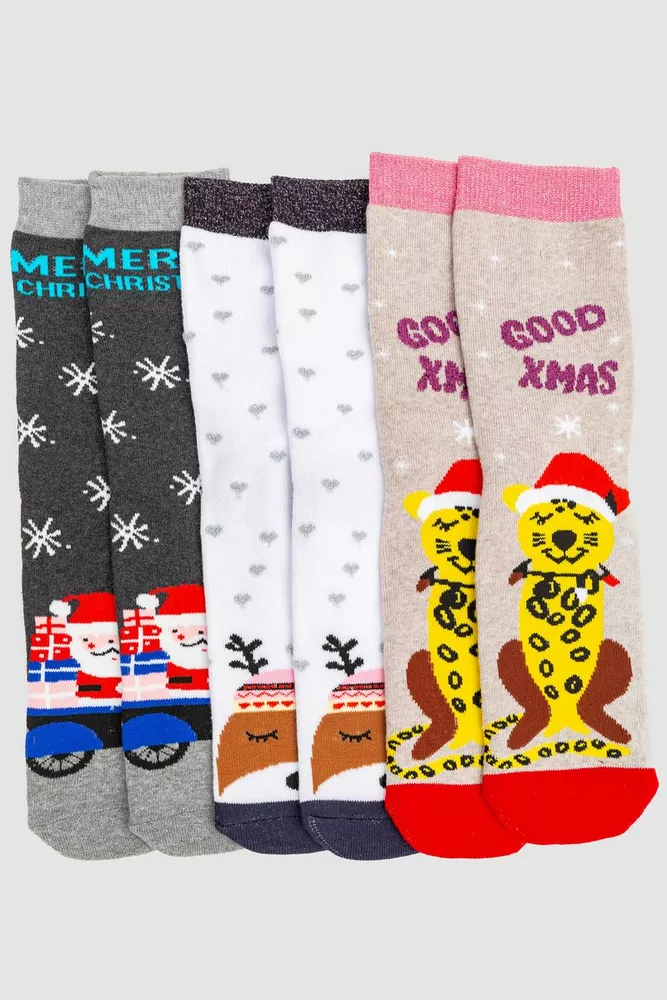 Купить Комплект женских носков новогодних 3 пары, цвет бежевый,белый,темно-серый, 151R266 - Фото №1