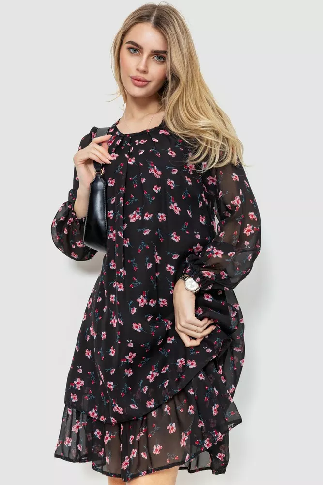 Купить Платье с цветочным принтом шифоновое, цвет черно-розовый, 230R018 - Фото №1