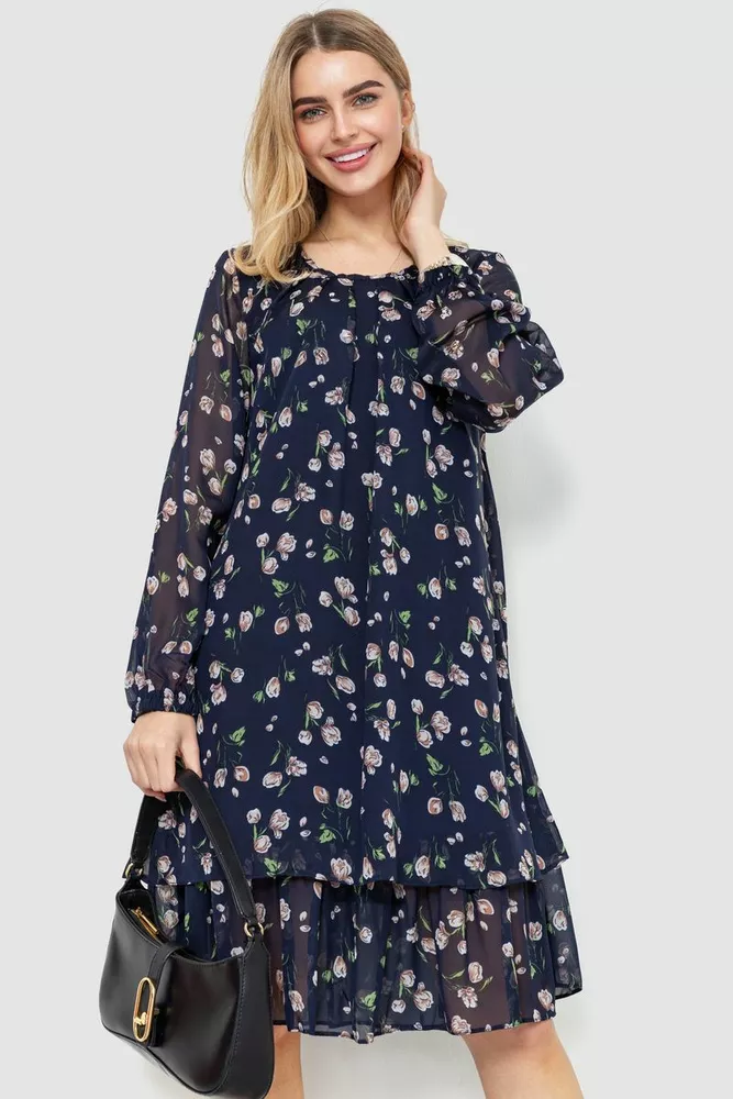 Купить Платье с цветочным принтом шифоновое, цвет темно-синий, 230R018 - Фото №1