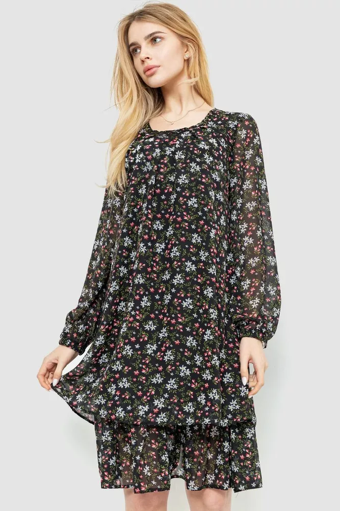 Купити Сукня з квітковим принтом шифонова, колір чорний, 230R018 - Фото №1