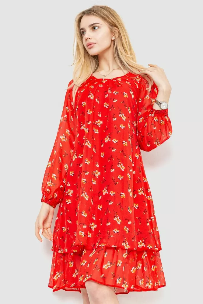 Купить Платье с цветочным принтом шифоновое, цвет красный, 230R018 - Фото №1
