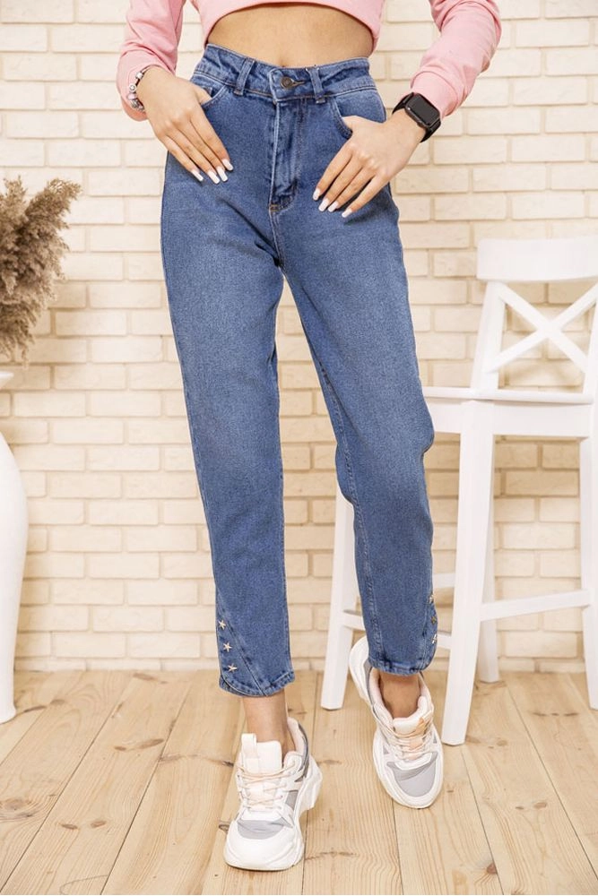 Купити Вільні джинси з зірками синього кольору жіночі 164R9029 оптом - Фото №1