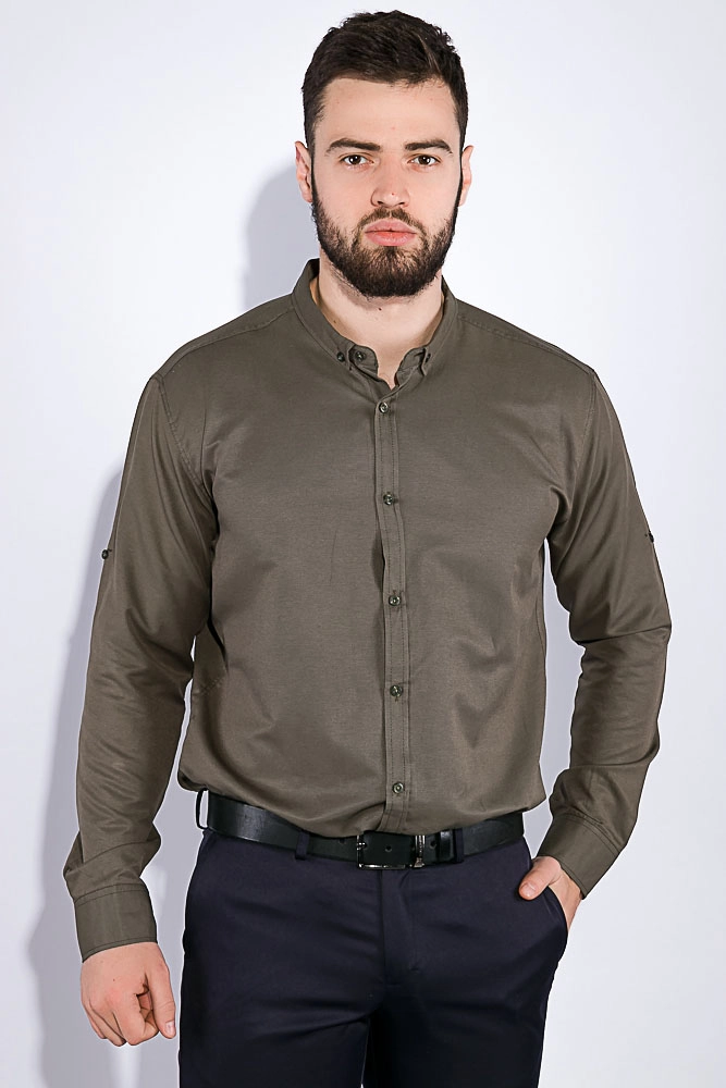 Купить Мужская рубашка приталенная, однотонная, цвета хаки, 511F011 - Фото №1