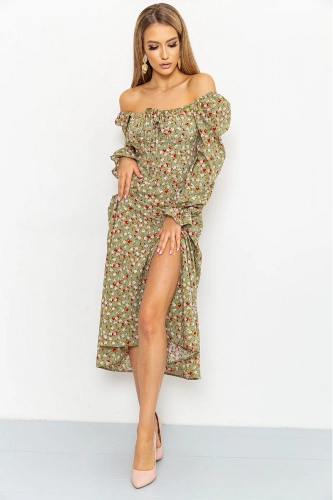 Купить Платье с цветочным принтом, цвет оливковый, 176R1051 - Фото №1