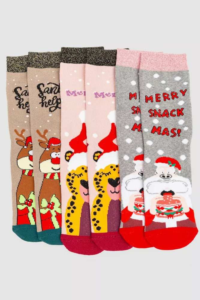 Купити Комплект жіночих шкарпеток новорічних 3 пари, колір бежевий, світло-рожевий. світло-сірий, 151R267 оптом - Фото №1