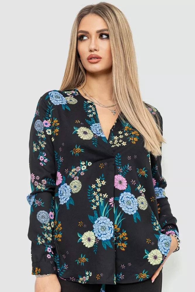 Купити Блуза з квітковим принтом, колір чорний, 244R7001 - Фото №1