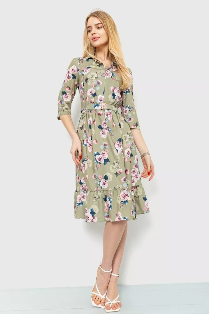 Купить Платье с цветочным принтом, цвет оливковый, 230R040-1 - Фото №1