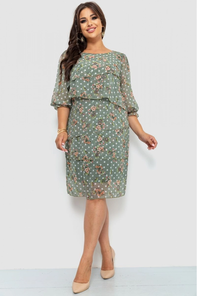 Купити Сукня шифонова з квітковим принтом, колір оливковий, 183R682 - Фото №1