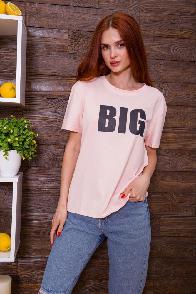 Купить Свободная женская футболка, персикового цвета с принтом, 198R016 - Фото №1