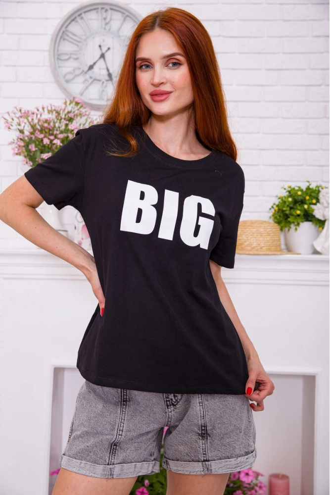 Купити Вільна жіноча футболка, чорного кольору з принтом, 198R016 оптом - Фото №1
