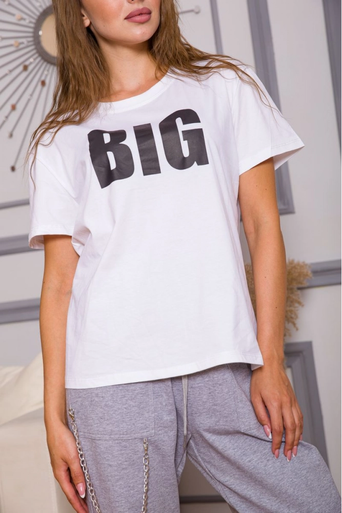 Купити Вільна жіноча футболка, білого кольору з принтом, 198R016 оптом - Фото №1