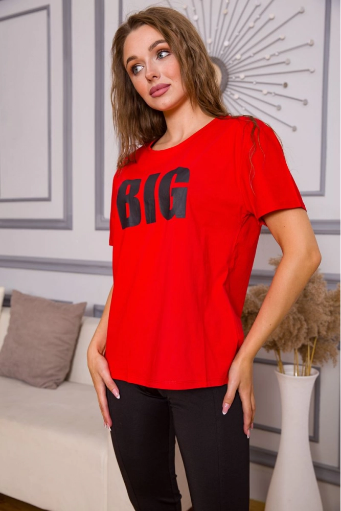 Купить Свободная женская футболка, красного цвета с принтом, 198R016 - Фото №1