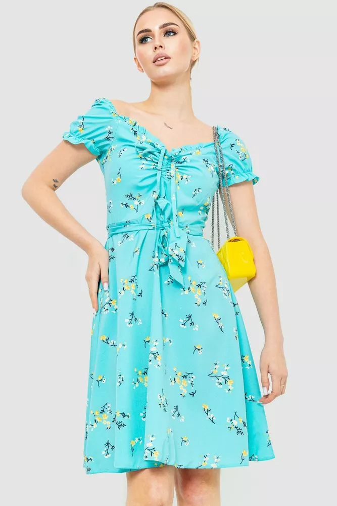 Купить Платье софт с цветочным принтом, цвет бирюзовый, 230R1006 оптом - Фото №1