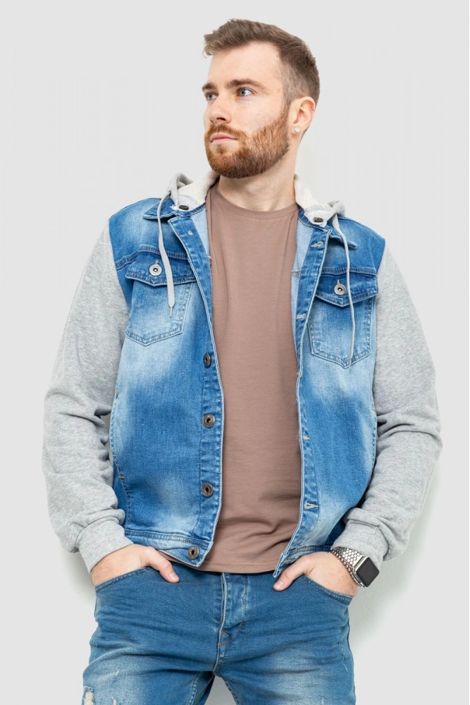Купити Куртка чоловіча джинсова з капюшоном, колір синій, 157R2013 оптом - Фото №1
