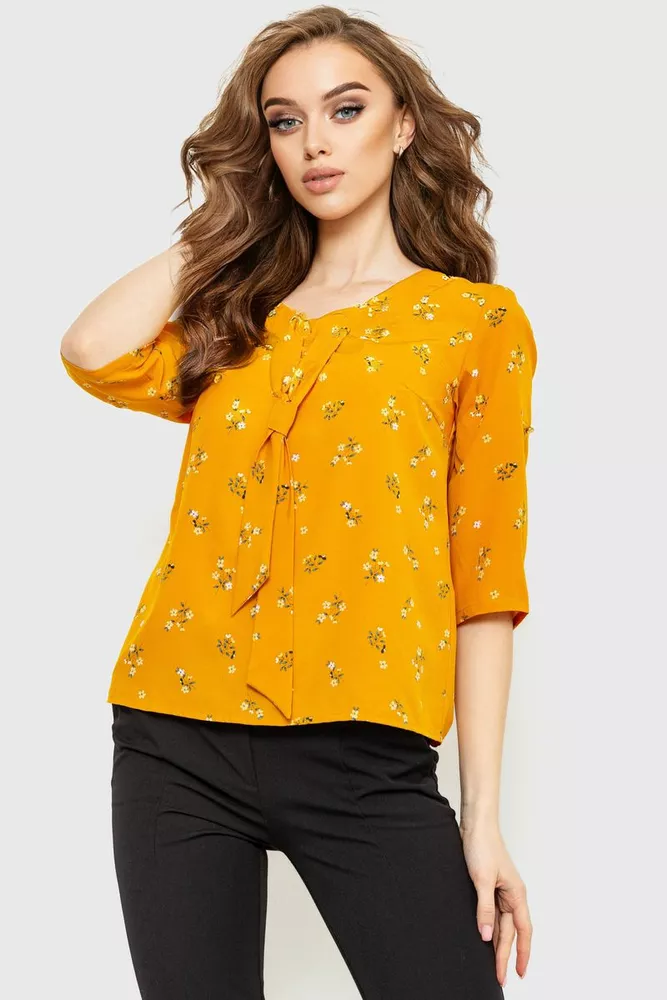 Купити Блуза з квітковим принтом, колір гірчичний, 230R150-6 - Фото №1