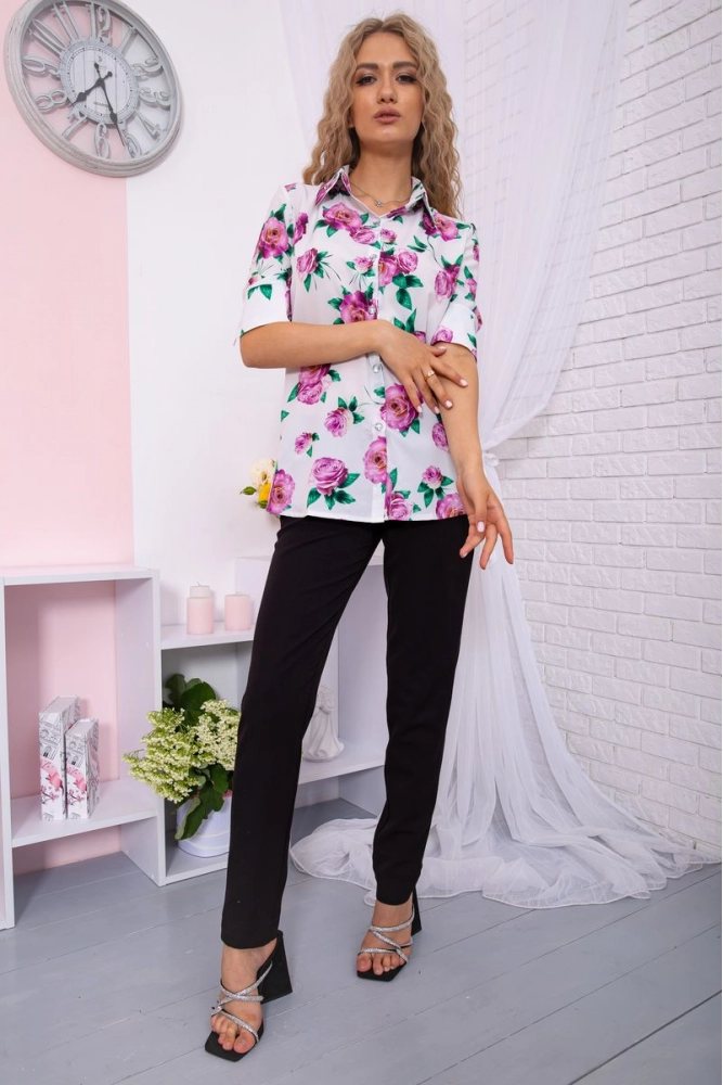 Купити Блуза-сорочка в квітковий принт біло-рожевого кольору 167R078-1 оптом - Фото №1