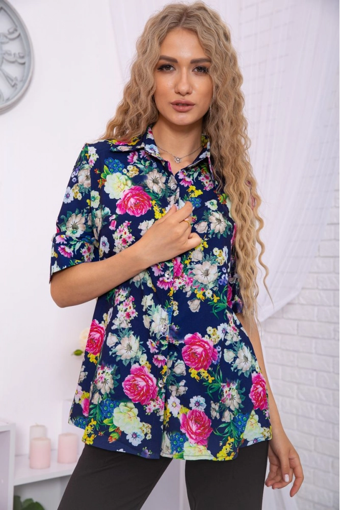 Купити Блуза-сорочка в квітковий принт синьо-рожевого кольору 167R078-1 оптом - Фото №1