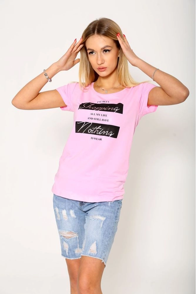 Купити Женская повседневная футболка розового цвета с надписью 119R029 - Фото №1